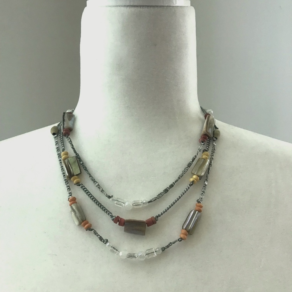 Ann Taylor LOFT Silver Multi-Strand Layered Necklace with Iridescent Beads